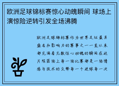 欧洲足球锦标赛惊心动魄瞬间 球场上演惊险逆转引发全场沸腾