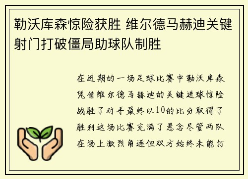 勒沃库森惊险获胜 维尔德马赫迪关键射门打破僵局助球队制胜