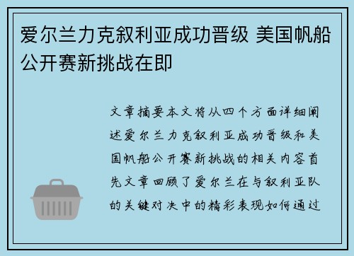 爱尔兰力克叙利亚成功晋级 美国帆船公开赛新挑战在即