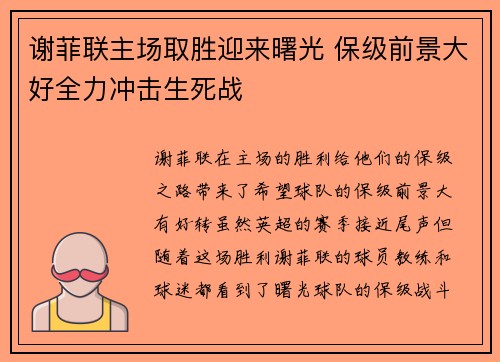 谢菲联主场取胜迎来曙光 保级前景大好全力冲击生死战
