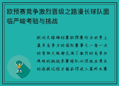 欧预赛竞争激烈晋级之路漫长球队面临严峻考验与挑战