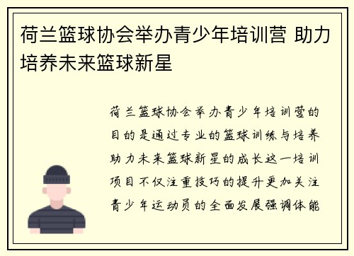 荷兰篮球协会举办青少年培训营 助力培养未来篮球新星