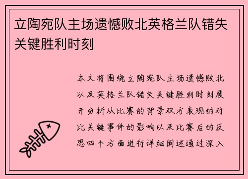 立陶宛队主场遗憾败北英格兰队错失关键胜利时刻