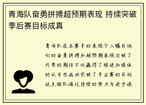青海队奋勇拼搏超预期表现 持续突破季后赛目标成真