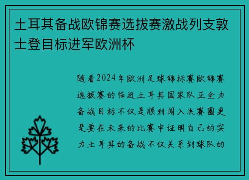 土耳其备战欧锦赛选拔赛激战列支敦士登目标进军欧洲杯