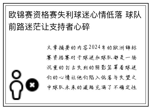欧锦赛资格赛失利球迷心情低落 球队前路迷茫让支持者心碎