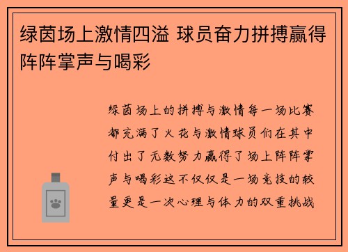 绿茵场上激情四溢 球员奋力拼搏赢得阵阵掌声与喝彩
