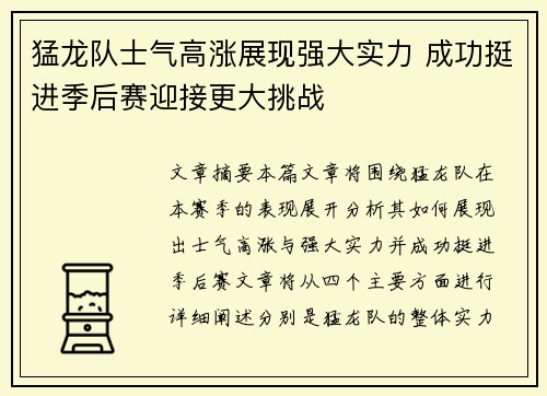 猛龙队士气高涨展现强大实力 成功挺进季后赛迎接更大挑战