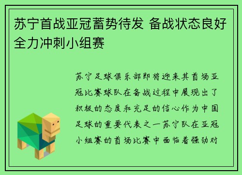 苏宁首战亚冠蓄势待发 备战状态良好全力冲刺小组赛