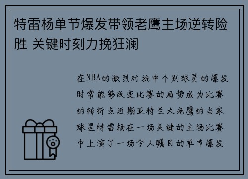 特雷杨单节爆发带领老鹰主场逆转险胜 关键时刻力挽狂澜